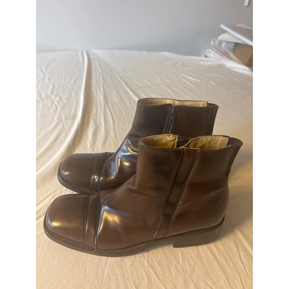 Kenneth Cole  Leather Cap Toe Ankle Boots Mens 12 Brown Side Zip Made in Italy